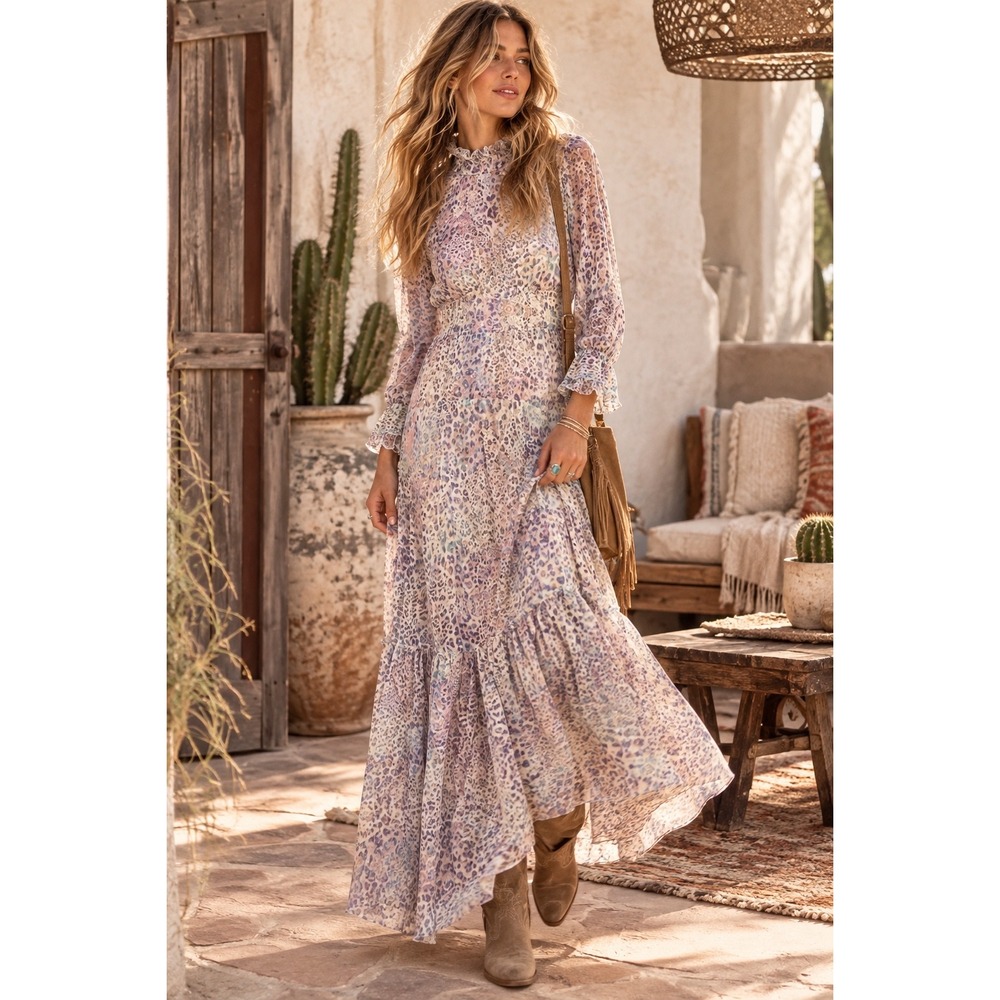 Pastel Leopard Print Ruffle High Neck Maxi Dress Long Sleeve Tiered Bohemian